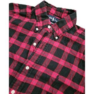 Ralph Lauren Button Down Mens Med Red Black Plaid Classic Fit Flannel Shirt Pony